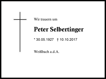 Traueranzeige von Peter Selbertinger von Region Berchtesgadener Land