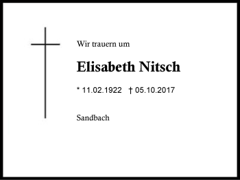 Traueranzeige von Elisabeth Nitsch von Region Berchtesgadener Land