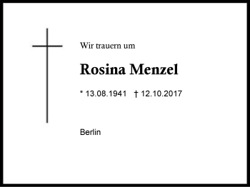 Traueranzeige von Rosina Menzel von Region Berchtesgadener Land