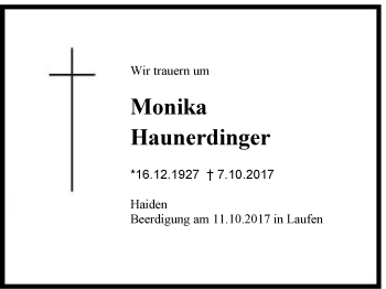 Traueranzeige von Monika Haunerdinger von Region Berchtesgadener Land