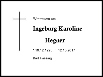 Traueranzeige von Ingeburg Karoline Hegner von Region Berchtesgadener Land