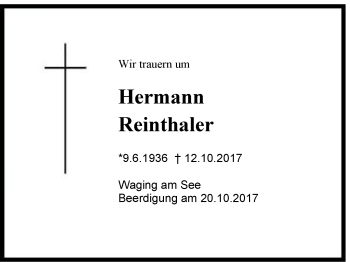 Traueranzeige von Hermann Reinthaler von Region Chiemgau