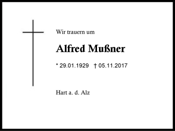 Traueranzeige von Alfred Mußner von Region Berchtesgadener Land