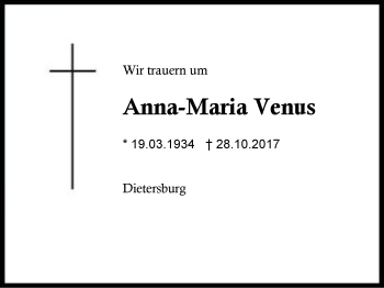 Traueranzeige von Anna-Maria Venus von Region Berchtesgadener Land