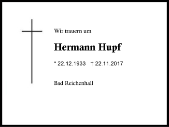 Traueranzeige von Hermann Hupf von Region Berchtesgadener Land