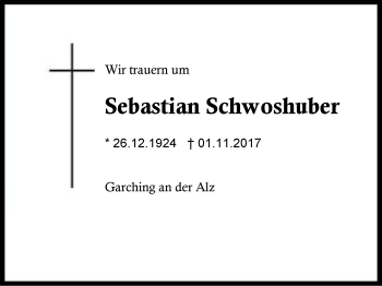 Traueranzeige von Sebastian Schwoshuber von Region Berchtesgadener Land