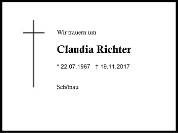 Traueranzeige von Claudia Richter von Region Berchtesgadener Land