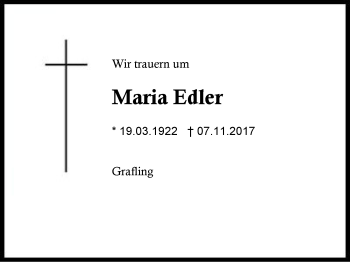 Traueranzeige von Maria Edler von Region Berchtesgadener Land