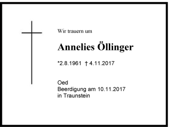 Traueranzeige von Annelies Öllinger von Region Chiemgau