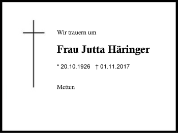 Traueranzeige von Jutta Häringer von Region Berchtesgadener Land