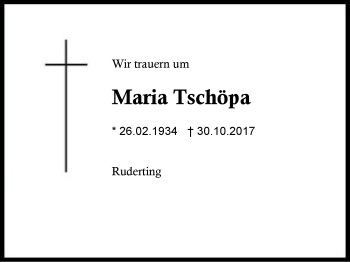 Traueranzeige von Maria Tschöpa von Region Berchtesgadener Land