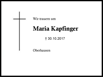 Traueranzeige von Maria Kapfinger von Region Berchtesgadener Land