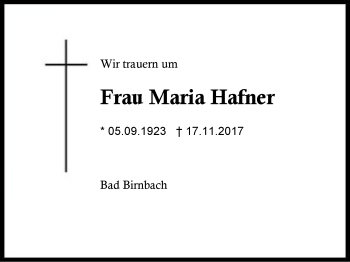 Traueranzeige von Maria Hafner von Region Berchtesgadener Land