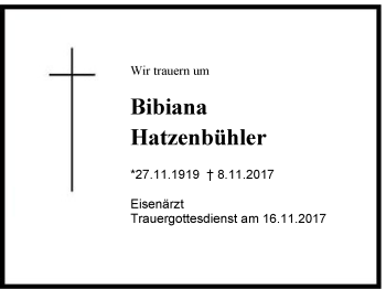 Traueranzeige von Bibiana Hatzenbühler von Region Chiemgau