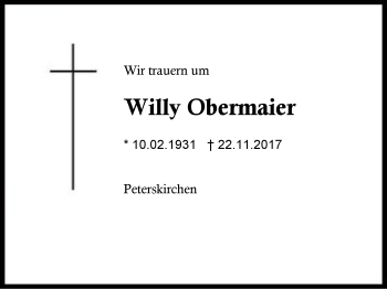 Traueranzeige von Willy Obermaier von Region Berchtesgadener Land