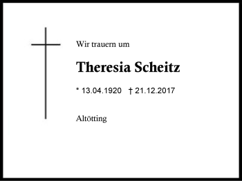 Traueranzeige von Theresia Scheitz von Region Berchtesgadener Land