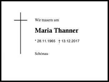 Traueranzeige von Maria Thanner von Region Berchtesgadener Land