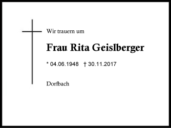 Traueranzeige von Rita Geislberger von Region Berchtesgadener Land