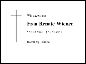 Traueranzeige von Renate Wiener von Region Berchtesgadener Land