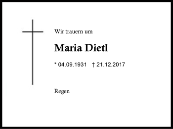 Traueranzeige von Maria Dietl von Region Berchtesgadener Land