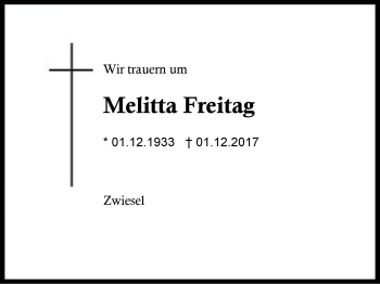 Traueranzeige von Melitta Freitag von Region Berchtesgadener Land