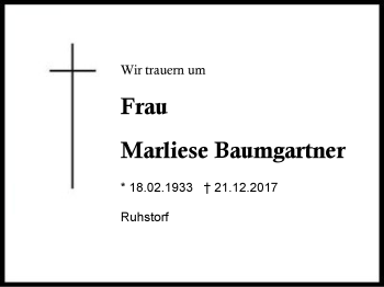 Traueranzeige von Marliese Baumgartner von Region Berchtesgadener Land