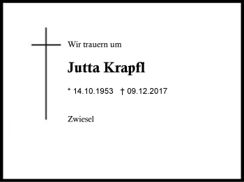 Traueranzeige von Jutta Krapfl von Region Berchtesgadener Land