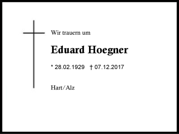 Traueranzeige von Eduard Hoegner von Region Berchtesgadener Land