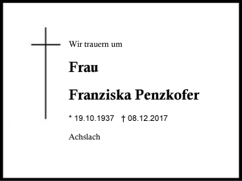 Traueranzeige von Franziska Penzkofer von Region Berchtesgadener Land