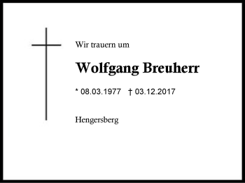 Traueranzeige von Wolfgang Breuherr von Region Berchtesgadener Land