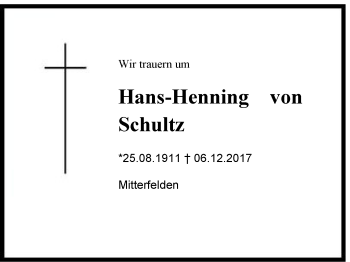 Traueranzeige von Hans Henning von Schultz von Region Berchtesgadener Land