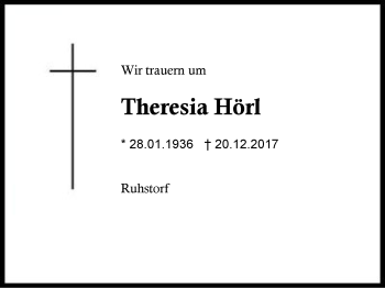 Traueranzeige von Theresia Hörl von Region Berchtesgadener Land