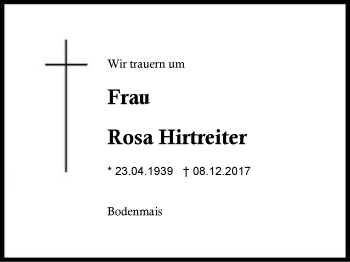 Traueranzeige von Rosa Hirtreiter von Region Berchtesgadener Land