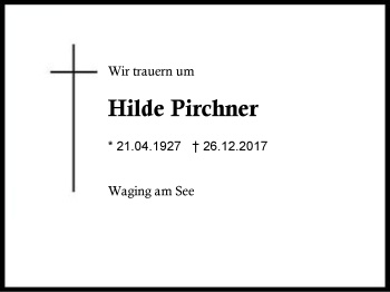 Traueranzeige von Hilde Pirchner von Region Chiemgau