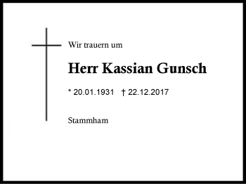 Traueranzeige von Kassian Gunsch von Region Berchtesgadener Land