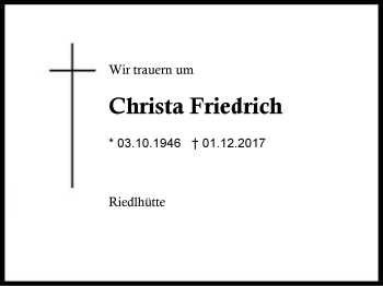 Traueranzeige von Christa Friedrich von Region Berchtesgadener Land