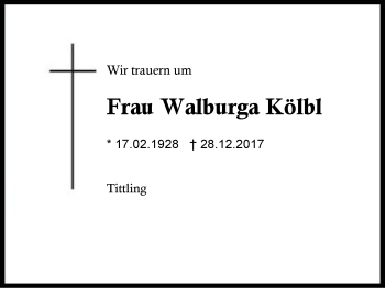 Traueranzeige von Walburga Kölbl von Region Berchtesgadener Land