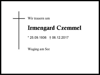 Traueranzeige von Irmengard Czemmel von Region Berchtesgadener Land