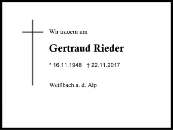 Traueranzeige von Gertraud Rieder von Region Berchtesgadener Land