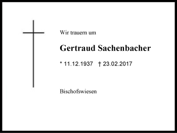 Traueranzeige von Gertraud Sachenbacher von Region Chiemgau