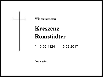 Traueranzeige von Kreszenz Romstädter von Region Berchtesgadener Land