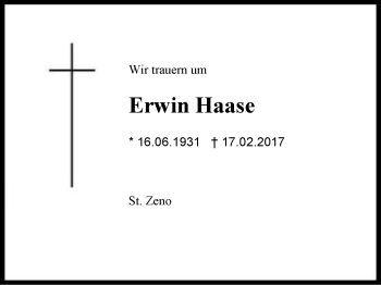 Traueranzeige von Erwin Haase von Region Berchtesgadener Land