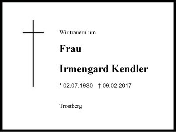 Traueranzeige von Irmengard Kendler von Region Berchtesgadener Land