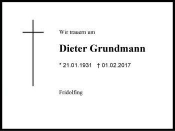 Traueranzeige von Dieter Grundmann von Region Chiemgau