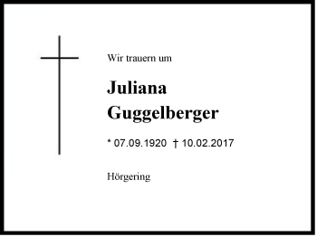 Traueranzeige von Juliana Guggelberger von Region Chiemgau