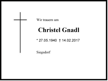 Traueranzeige von Christel Gnadl von Region Chiemgau