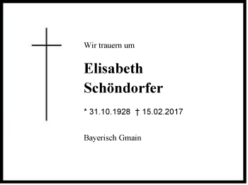 Traueranzeige von Elisabeth Schöndorfer von Region Berchtesgadener Land