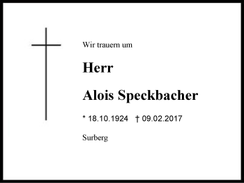Traueranzeige von Alois Speckbacher von Region Chiemgau