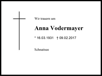 Traueranzeige von Anna Vodermayer von Region Berchtesgadener Land