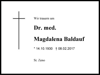 Traueranzeige von Magdalena Baldauf von Region Berchtesgadener Land